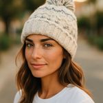 FatFace Knit Hat Pom Bobble Beanie Cuff Fair Isle Wool Holiday Vacation Cream Photo 0