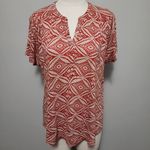 Lucky Brand  red geo split neck linen blend short sleeve tee size medium Photo 0