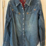 Route 66  Denim Blue Jean Pearl Snap Shirt Women XL Western Cowgirl Barn Retro Photo 0