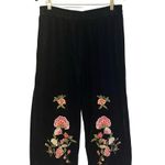 ZARA  Womens Black Velvet Floral Embroidered Pants Size L Wide Leg Boho Grandma Photo 0