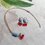 Jewelry Set Cherry Necklace Unique Czech Glass Blue Quilt Cottagecore Casual Fun Photo 4