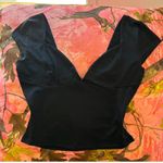black v neck short sleeve crop top blouse shirt  Photo 3