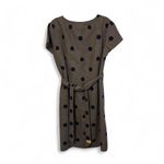 Women's Boden Short Sleeve Shift Polka Dot Dress Blue Brown Tie Linen Blend 14R Tan Size 14 Photo 1