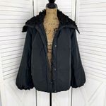 Vera Wang Simply Vera Puffer Jacket Faux Fur Collar Hood Black Medium Balloon Sleeve Photo 2