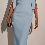 Chic Light Blue Midi Dress with Pearl Detail Size 12 Photo 0