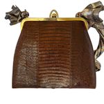 Vintage Genuine Lizard Brown Leather Frame Handbag with Oscar de la Renta Scarf Photo 2