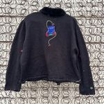 Vintage 90s Ugly Christmas Stockings Embroidered Cardigan Sweater Fur Collar XL Black Photo 3