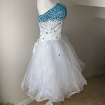 Women’s White Blue Beading Short Cocktail Prom Party Dress Corset Back Size 8 White Photo 3