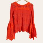 Free People Red Once Upon A Time Linen Crochet Bell Sleeve Top Size M Photo 3