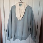 Fuwaffy Artist Frog Embroidered Oversized Fleece Hoodie Large Blue Photo 1