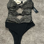Lulus  Number One Fan Black/Gold Mesh Knotted Bodysuit SIZE M Photo 0