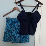 Lands End Tankini and Navy Patterned High Waisted Women's Swim Skirt Plus 14W L Blue Photo 0