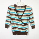 Old Navy Vintage y2k  Brown & Blue Striped Surplice Eyelet Knit Blouse Shirt Top Photo 2