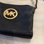 Michael Kors Black Leather Crossbody Bag MK Logo Gold Tone Adjustable Strap Photo 2