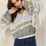 Free People  Macra Maze Me Ivory Combo Tassel Fringe long sleeve lace Top Size M Photo 0