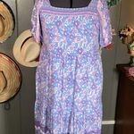 THML  Purple Pink Square Neck Tropical Flamingo Floral Midi Dress Large Photo 0