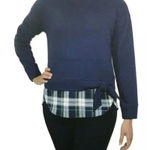 IZOD Size S Peacoat Tie Front 2-Fer Sweatshirt Navy Blue Plaid Trimmed Layered Photo 0