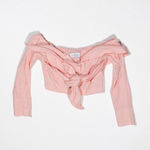 L'Academie Cotton Poplin Off Shoulder Button Front Twist Tie Knit Crop Blouse Photo 0