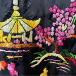Vintage Golden Bee Black Rayon Robe Kimono w/ Bonsai Willow Pagoda Embroidery sm Photo 3