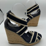 Tory Burch Navy Blue & Cream Contrast Elastic Espadrille Wedges Women's 6B Photo 0