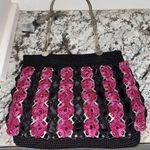 🎓 Pink & Black Striped Purse with Silver Metal Designs Metal Chain Handles Photo 2