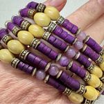 Vintage Purple Yellow Wood & Glass Beaded Stretch Bracelet Silver Tone Metal Photo 9
