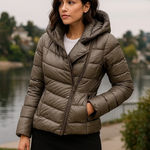 Helmut Lang Gray Down Puffer Jacket with Hood Asymmetrical Zip Womens Small S Photo 0