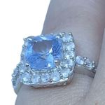 Aquamarine White Sapphire Halo Women's Engagement Ring in Sterling Silver Sz 6 Photo 1