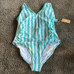 Kona Sol Blue and White Striped One Piece Swimsuit with V-Neck Photo 0