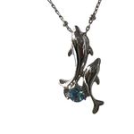 Silver 18ktgp Necklace Double Dolphin Pendant Blue Crystal Rhinestone 18" 5.89g Photo 1