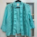 Chico's Aqua Breeze Beaded Linen Turquoise Open Jacket Cardigan Coastal Size 0 S Photo 0