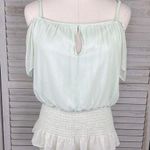 Marciano  100% Silk Cold Shoulder Flutter Sleeve Peplum Blouse Pale Green-Small Photo 0