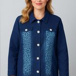 Quacker Factory  Denim Jacket 1X Blue Leopard Print Rhinestone Buttons Photo 0