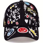 Unisex Letter Graffiti Print Snapback Baseball Cap Outdoor Adjustable Casual Hat Black Photo 3