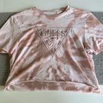 Guess White Blush Pink Tan Tie Dye Embroidered Logo Crop Tee Shirt Small Photo 0