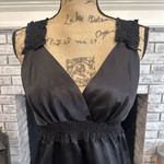 BCBGMAXAZRIA Babydoll Black Satin Top Blouse Medium smocked Surplice Goth Photo 1