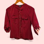 Notations Cute red black striped blouse roll sleeve pockets  petite small office Photo 0
