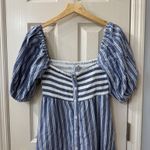 Love Tomas Emerson Fry Dress Striped Blue White Puff Sleeve Midi ML NWT Size L Photo 2