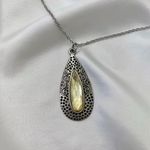 Silver Yellow Witchy Intricate Oval Stone Pendant Necklace Photo 1