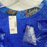 VTG Sassy Doll Bead Silk Dress Padded Shoulder Sequin Y2k Floral Cocktail Party Blue Photo 4
