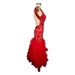 Jovani Beaded Floral Lace Ruffle Sleeveless Open Back Evening Formal Gown Red Photo 1