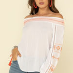 Wrangler  WOMEN'S EMBROIDERED TASSEL OFF SHOULDER TOP WHITE ORANGE SIZE MEDIUM Photo 0