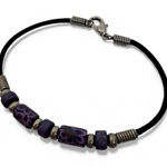 Vintage 90s Purple Millefiori Bead Bracelet Black Leather Silver Tone Photo 0