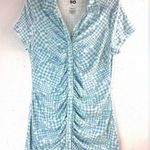 SO  XL Wavy Checkerboard Ruched Front Button Down Tee Mini Dress in  Light Blue Photo 0