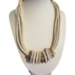 White Faux Braided Leather Multi Strand Necklace Rings Beads Gold Tone Adj 19" Photo 0