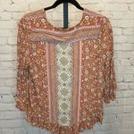Rose & Thyme Orange Printed Blouse Peplum Hem Size Large Boho Photo 1