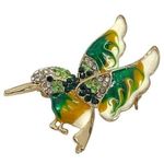 Vintage Hummingbird Brooch Green White Enamel Rhinestone Bird Photo 0