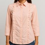 Zac & Rachel Peach Ruffle Button Down Shirt 3/4 Sleeve Size S Feminine Pastel Pink Photo 0