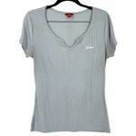 Guess  Ribbed V Neck T Shirt Light Blue Striped Short Sleeve Women's Size L Photo 2