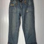 Y2K Squeeze Capri Jeans Patchwork Lace Trim Low Rise Cuffed Hem Size 7 McBling Blue Photo 0
